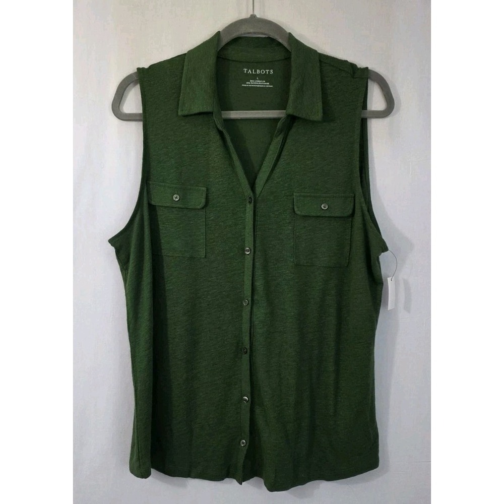 NWT Talbots Linen Blend Sz.L Button Up Vest Green Lightweight Layer Preppy Money